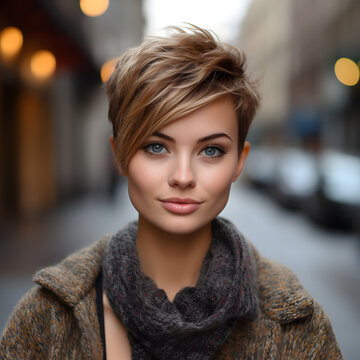 Portrait of a woman with pixie haircut.