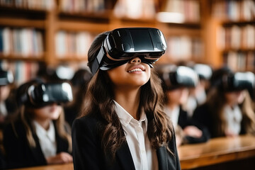 A dark-skinned student in a school uniform wearing virtual reality glasses in a classroom during a lesson. Generated by artificial intelligence - obrazy, fototapety, plakaty