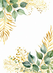 Fototapeta na wymiar Watercolor Eucalyptus leaves greend and gold border design frame background