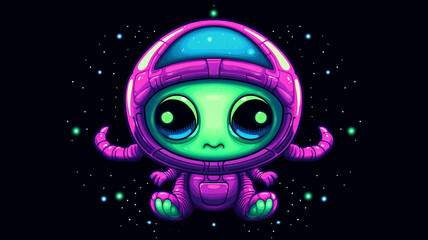 Modern Alien in Outer Space Cute Monster in Pixel Art