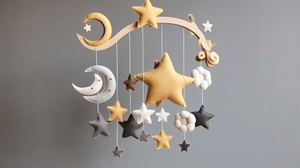 Baby crib mobile with stars clouds and moon. Kids - obrazy, fototapety, plakaty