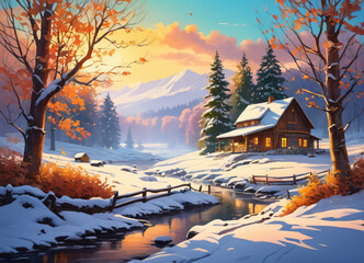 Paceful rustic winter landscape illustration
