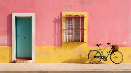 Fototapeta na wymiar a bicycle is parked next to a colorful house