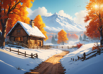 Paceful rustic winter landscape illustration