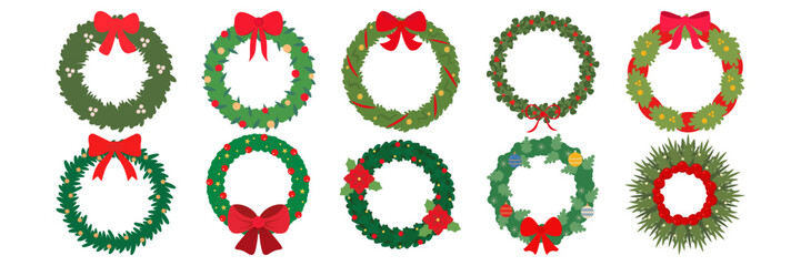 Christmas wreaths big set with winter holiday decorations. Holly wreath with red ribbons and golden bells. Spruce evergreen with ilex leaves. Vector illustration © Cavid