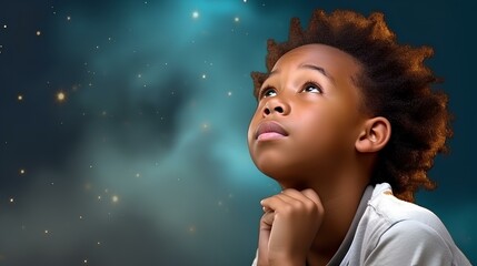 A pensive young african american male student gazing upwards, symbolizing aspirations and dreams, isolated on a starry-night-colored canvas. copy space. generative AI