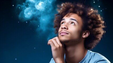 A pensive young african american male student gazing upwards, symbolizing aspirations and dreams, isolated on a starry-night-colored canvas. copy space. generative AI