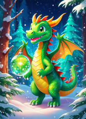 Chinese New Year green dragon, cartoon cute illustration