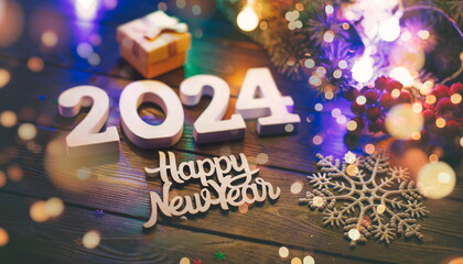 Merry Christmas 2024 background new year holidays card with bright lights