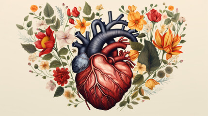 Beautiful anatomic heart with flowers and leaves. - obrazy, fototapety, plakaty