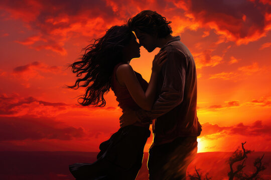 Couple in embrace, silhouetted against a vibrant sunset backdrop with seascape horizon. Natural romantic settings.