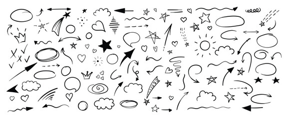 Fototapeta na wymiar Doodle line cute element set. Arrow, heart, star, etc.