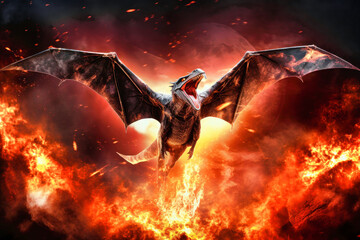 Pterodactyl against a background of fire. Dinosaur. Jurassic period. Flying monster. Global catastrophe. Death of the dinosaurs. - obrazy, fototapety, plakaty