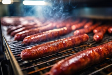 Photo of hot dogs grilling on a summer barbecue. Industrial smoking of sausages and meat products in a factory. sausage in the smokehouse. flavorful sausages. - Powered by Adobe