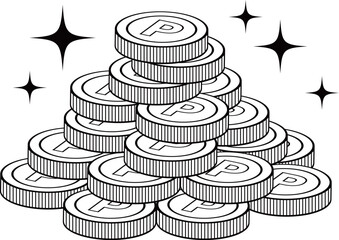 積みあげたPマークのついたポイントコイン塊イラスト