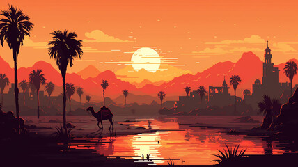 Pixel Art Landscape A Pixel Art Desert Oasis Featuring - obrazy, fototapety, plakaty