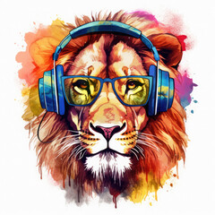 Dj lion with headphones and sunglasses Illustration, Generative Ai