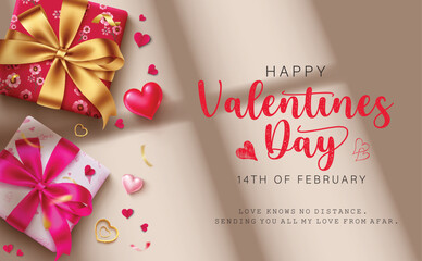 Happy valentine's day text vector design. Valentine's day greeting card with gifts boxes and heart shape balloons for love romantic decoration elements. Vector illustration hearts day invitation card.