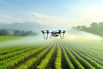 Panoramic agricultural drone flies to spray fertilizer. Smart farmers use drones for various tasks, smart technology concept