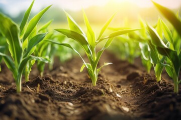 maize corn seedling in the agricultural plantation in the evening, animal feed agricultural...
