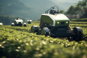 Automatic tractor working in field Future technology with smart agriculture concepts.