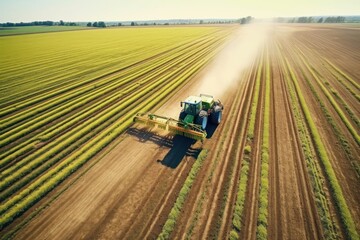 Aerial view of a Tractor fertilizing a cultivated agricultural field.