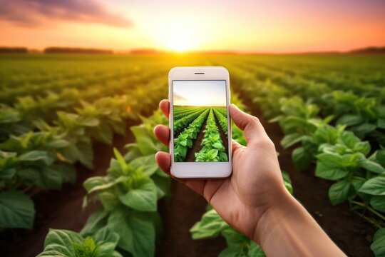 Agricultural concept, smart agriculture, industrial agriculture. Farmers' hands point to using augmented reality technology for control, monitoring and management on farms.