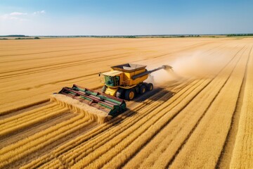 Harvester working in the field Agricultural harvester harvests golden ripe wheat field Agricultural...