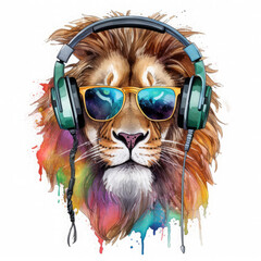 Dj lion with headphones and sunglasses Illustration, Generative Ai - obrazy, fototapety, plakaty