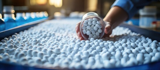 A handful of white medicine capsules in the hands of a pharmacist, pharmaceutical company production line. - obrazy, fototapety, plakaty