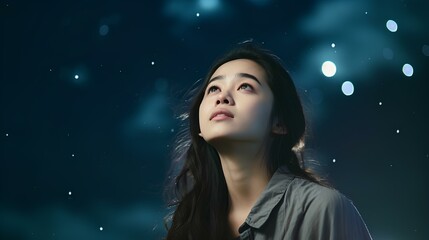 A pensive young Korean female student gazing upwards, symbolizing aspirations and dreams, isolated on a starry-night-colored canvas. copy space. generative AI