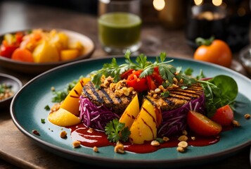 Food photography, colourful vegan dish perfectly arranged and served at vegan restaurant,