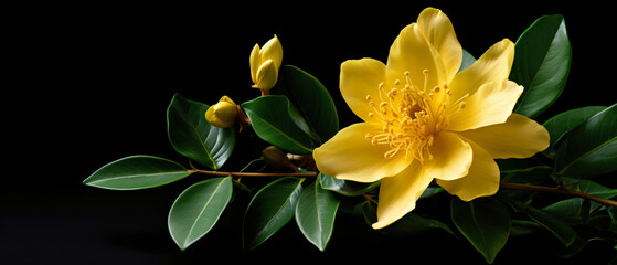Beautiful yellow flower with green leaves on isolated on black background