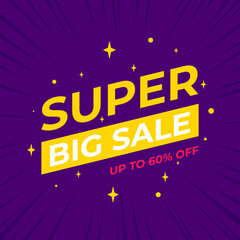 Super big sale promotional banner template for shopping on purple background