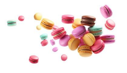 Obraz premium Colorful macaroons flying isolated on white transparent background. PNG