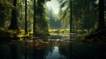 A body of water surrounded by trees and grass