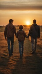 Family walking in the field at sunset. Generative AI.