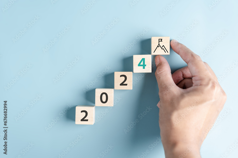 Poster starting new year with ambition 2024 and countdown merry christmas and happy new year, planning and 