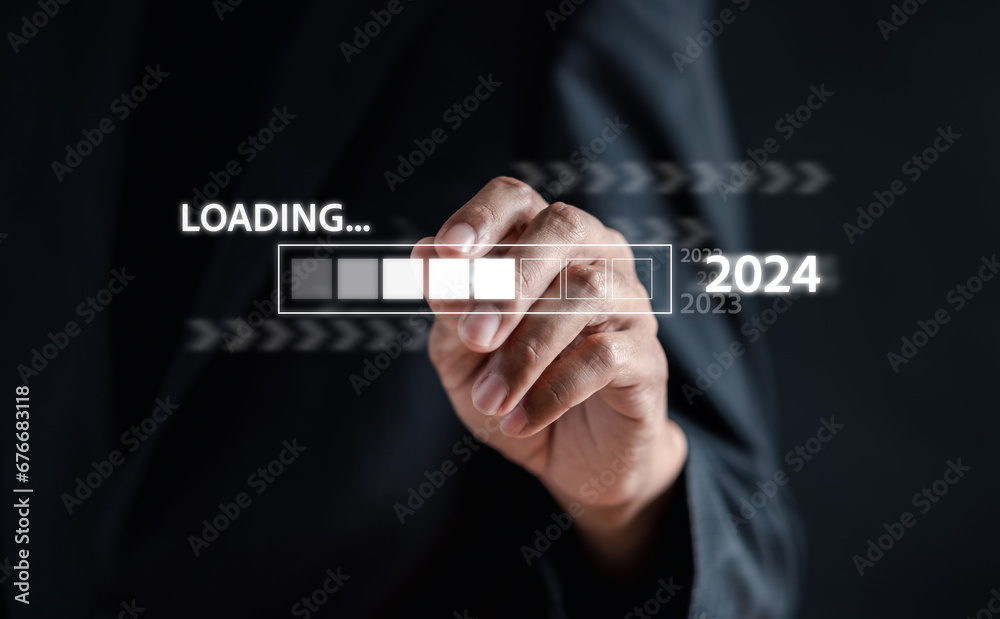 Poster Loading progress from 2023 to 2024 to countdown merry christmas and happy new year, Planning and challenge strategy in new year 2024 Concept.