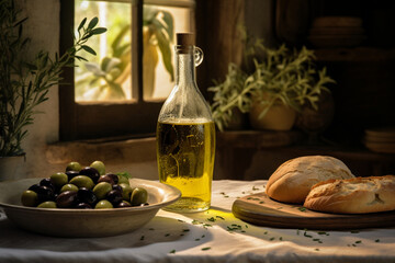 Rustic Mediterranean Table Setting with Olive Oil and Bread - obrazy, fototapety, plakaty
