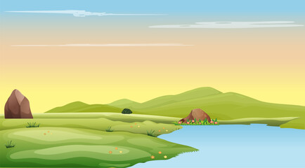 green hill landscape with rocks and blue water leak vector design