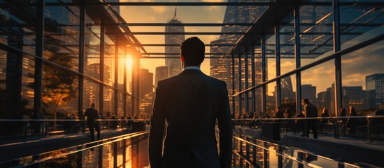 a portrait of a businessman standing under the hot sun, overlaid with a view of the building. Office building concept, business view - obrazy, fototapety, plakaty