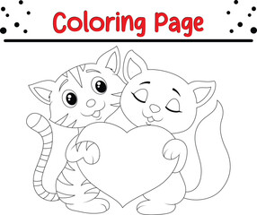 happy cat couple holding heart coloring page Vector illustration