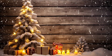 Festive elegance. Vintage decor. Rustic holiday delight. Background with seasonal charm. Glowing nostalgia. Merry christmas with gift on old wooden plank