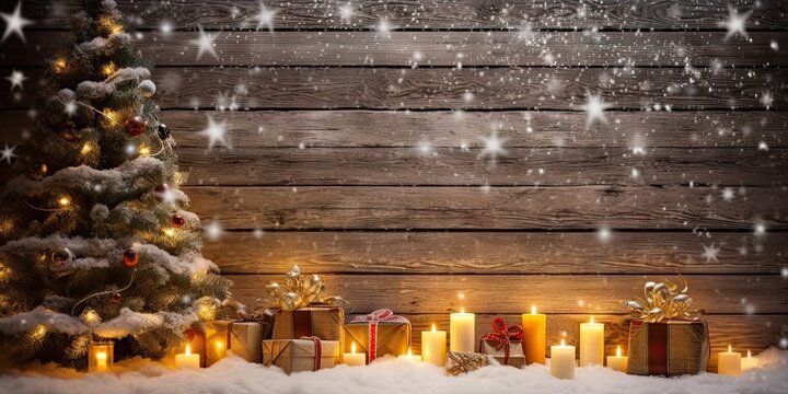 Festive elegance. Vintage decor. Rustic holiday delight. Background with seasonal charm. Glowing nostalgia. Merry christmas with gift on old wooden plank