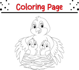 mother bird with her two babies nest coloring page
