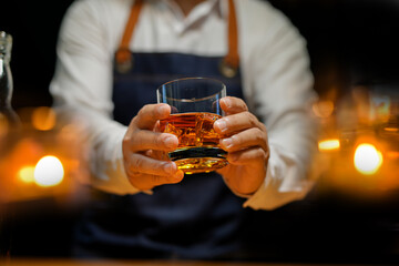 Bartender Serve Whiskey, on wood bar, 