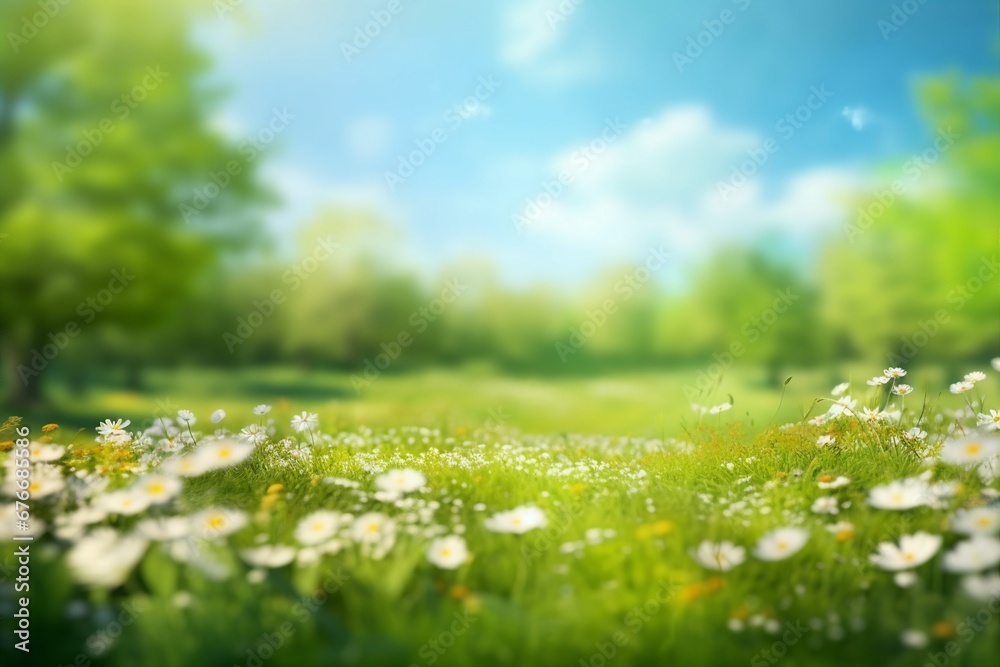 Canvas Prints Beautiful blurred spring background nature with blooming glade, trees and blue sky on a sunny day. generative ai.