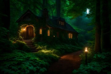 enchanted forest, a solitary cottage stands nestled amongst towering trees  generative ai technology

