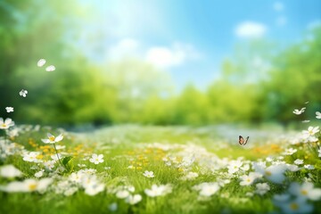 Beautiful blurred spring background nature with blooming glade, trees and blue sky on a sunny day....
